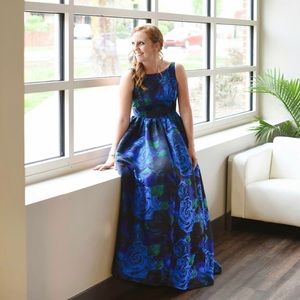 Adrianna Papell Blue Floral Gown with Pockets